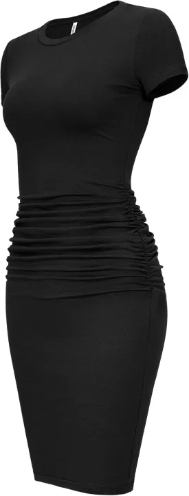 Laughido Women's Short Sleeve Ruched Bodycon Sundress Knee Length T Shirt Dresses 2025 Trendy Casual Outfits