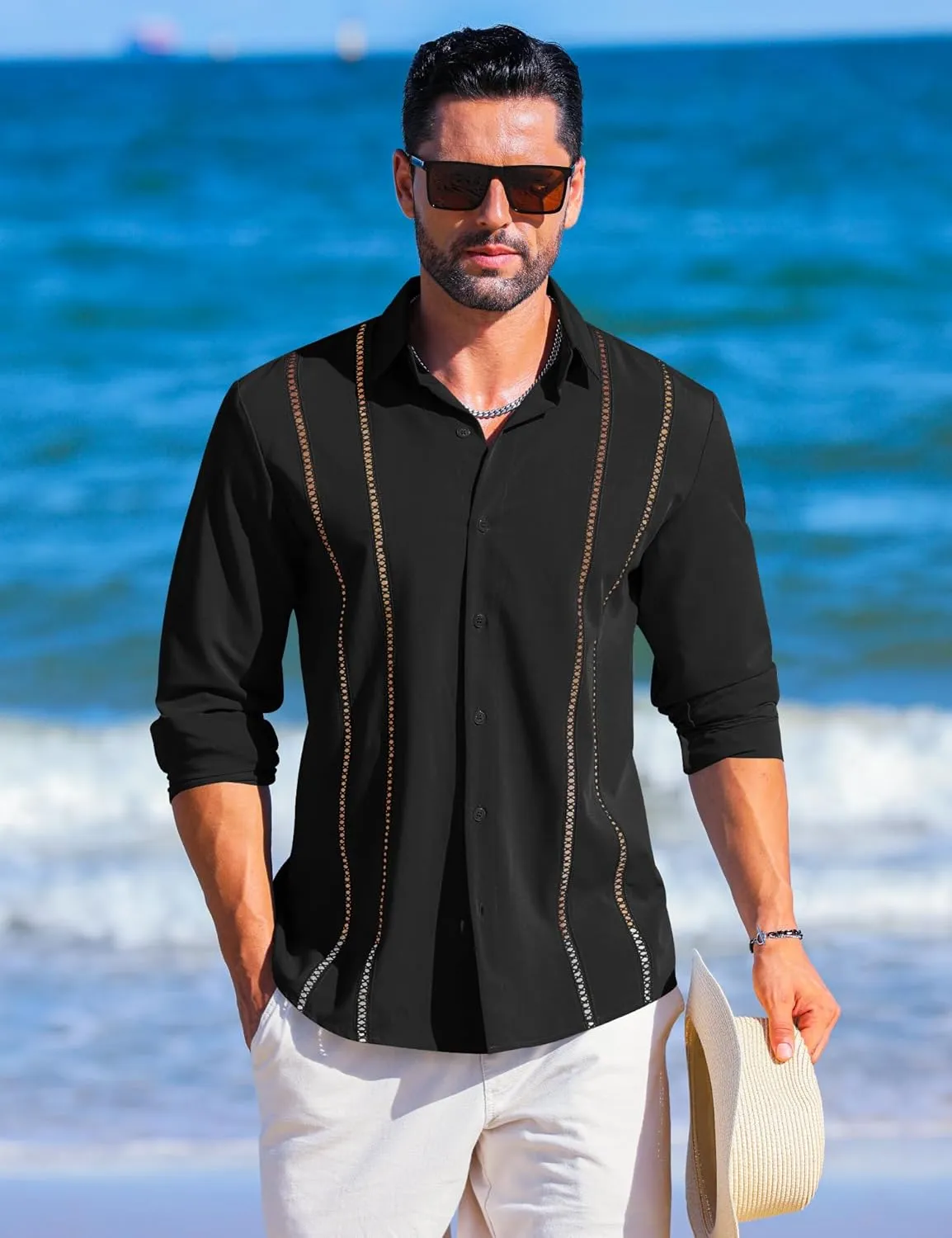 LETSEE Men's Cuban Guayabera Shirt Long Sleeve Button Down Shirt Casual Dress Colthes Beach Linen Tops