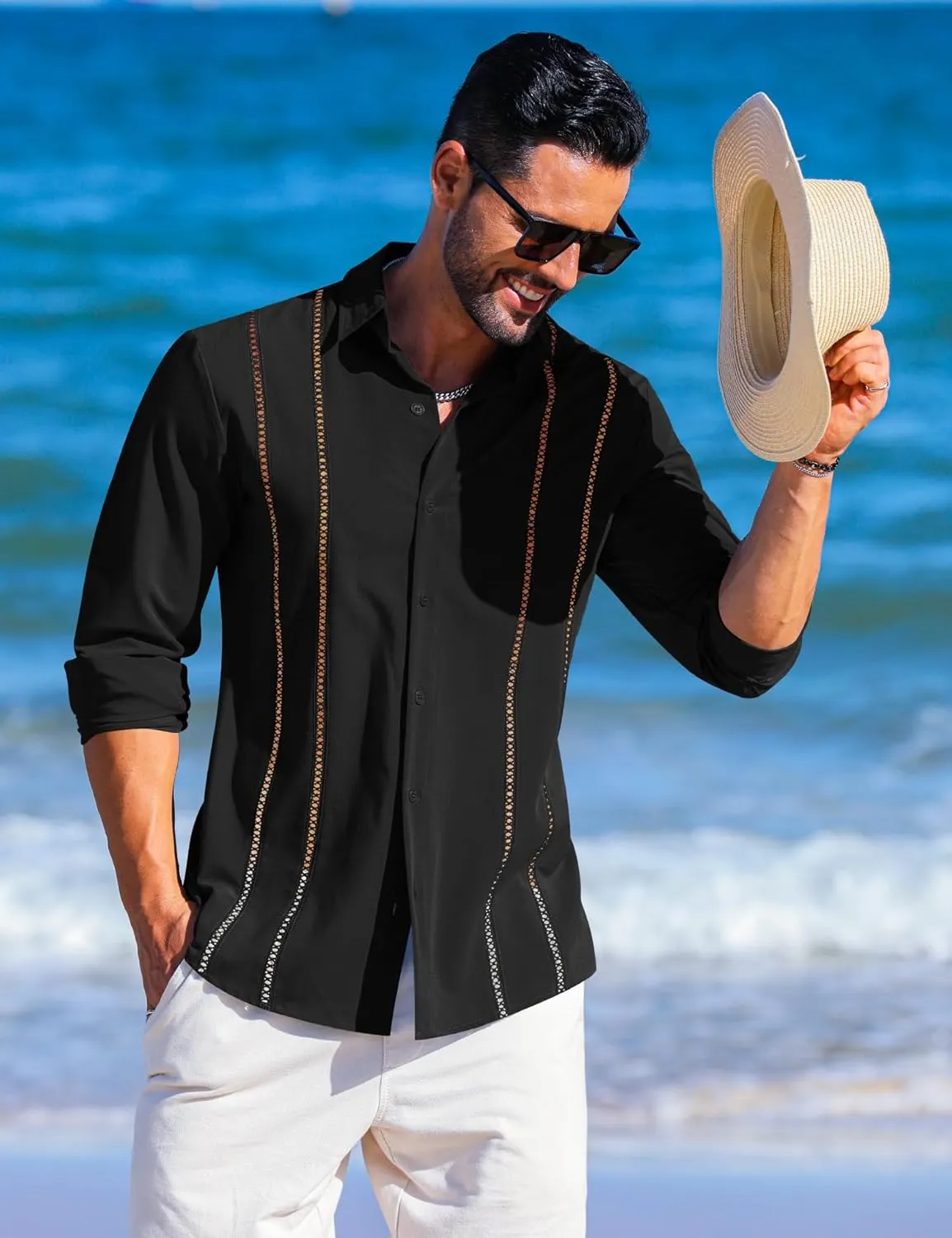 LETSEE Men's Cuban Guayabera Shirt Long Sleeve Button Down Shirt Casual Dress Colthes Beach Linen Tops