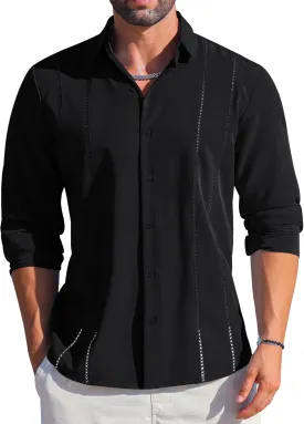 LETSEE Men's Cuban Guayabera Shirt Long Sleeve Button Down Shirt Casual Dress Colthes Beach Linen Tops