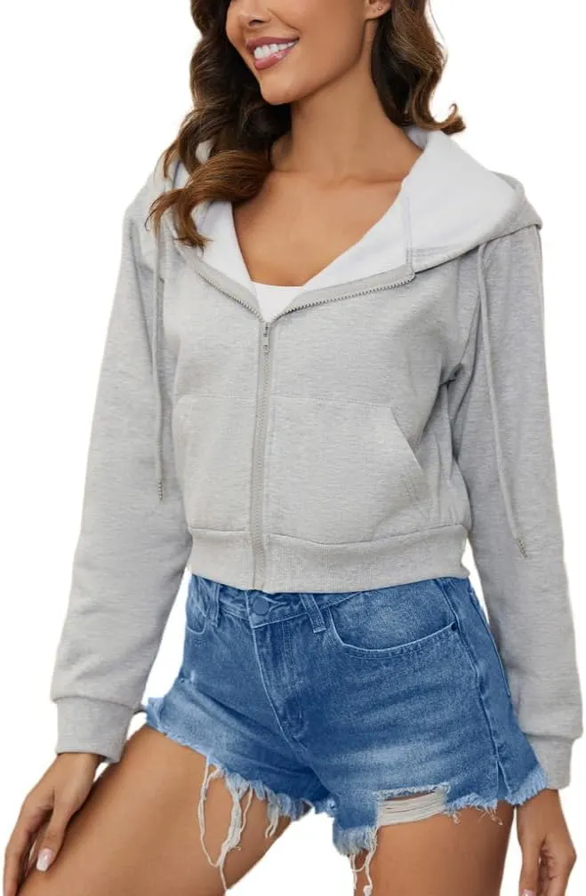 LOFAAC Women Fleece Full Zip Up Cropped Hoodie Sweatshirt 90s Long Sleeve Drawstring Hooded Crop Jacket Top with Pockets