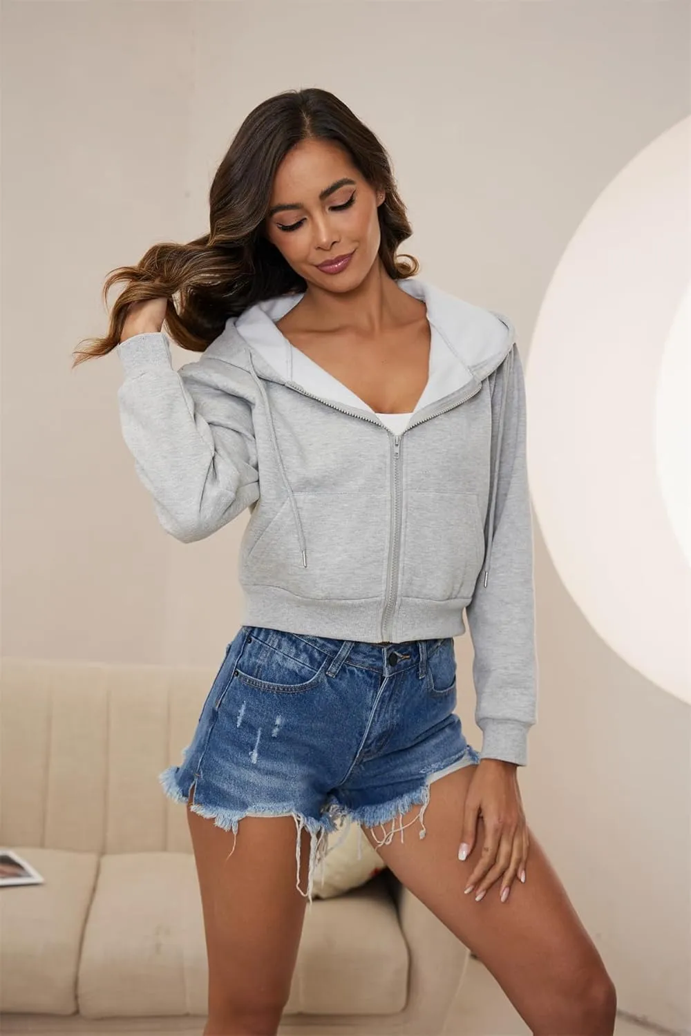 LOFAAC Women Fleece Full Zip Up Cropped Hoodie Sweatshirt 90s Long Sleeve Drawstring Hooded Crop Jacket Top with Pockets