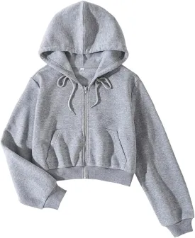LOFAAC Women Fleece Full Zip Up Cropped Hoodie Sweatshirt 90s Long Sleeve Drawstring Hooded Crop Jacket Top with Pockets