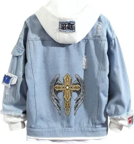 Lpstop Vintage Cross Denim Jacket Hoodie Lightweight Blue Jacket Cross Hoodie for Women Men