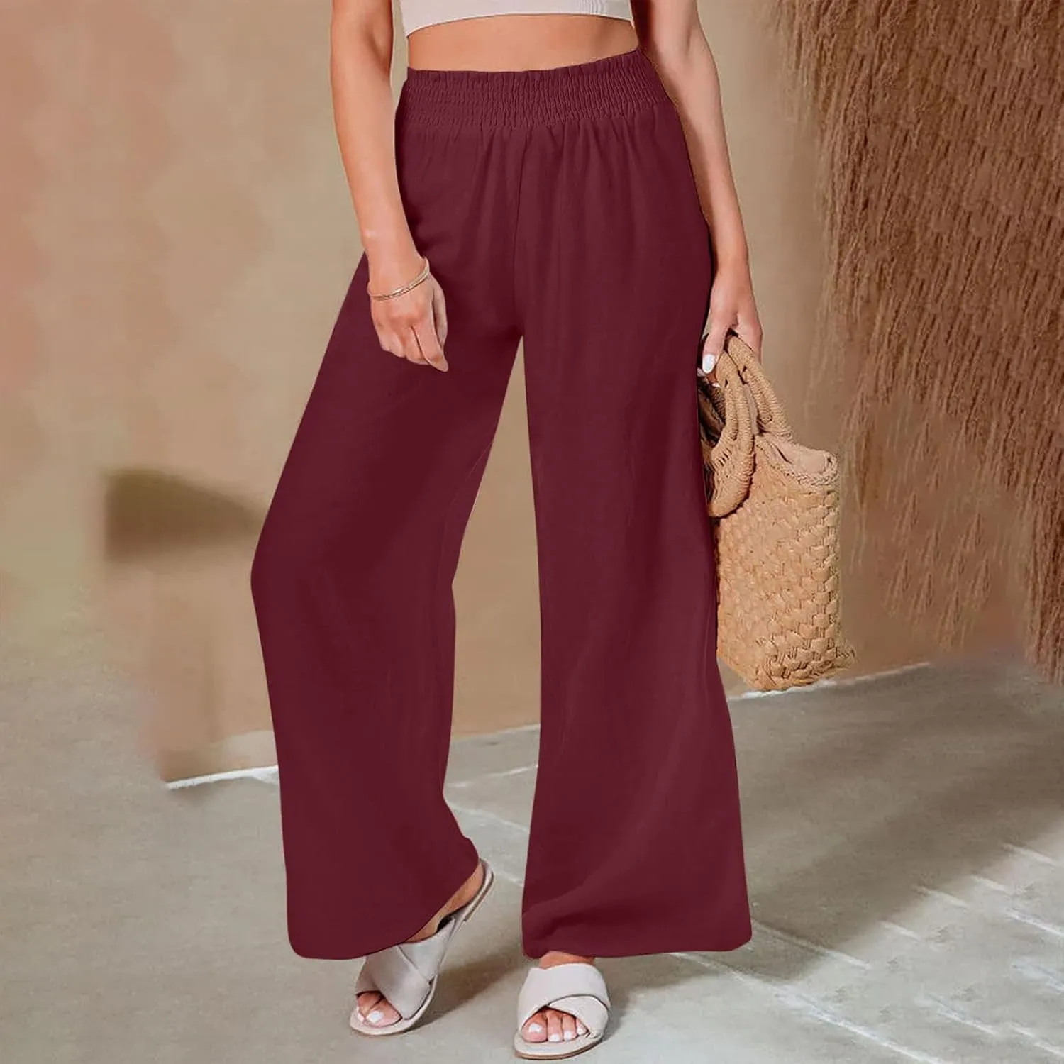 LRMQS Linen Wide Leg Pants Women Summer Casual Drawstring Elastic High Waist Trousers Resort Wear Beach Trendy Palazzo Pant