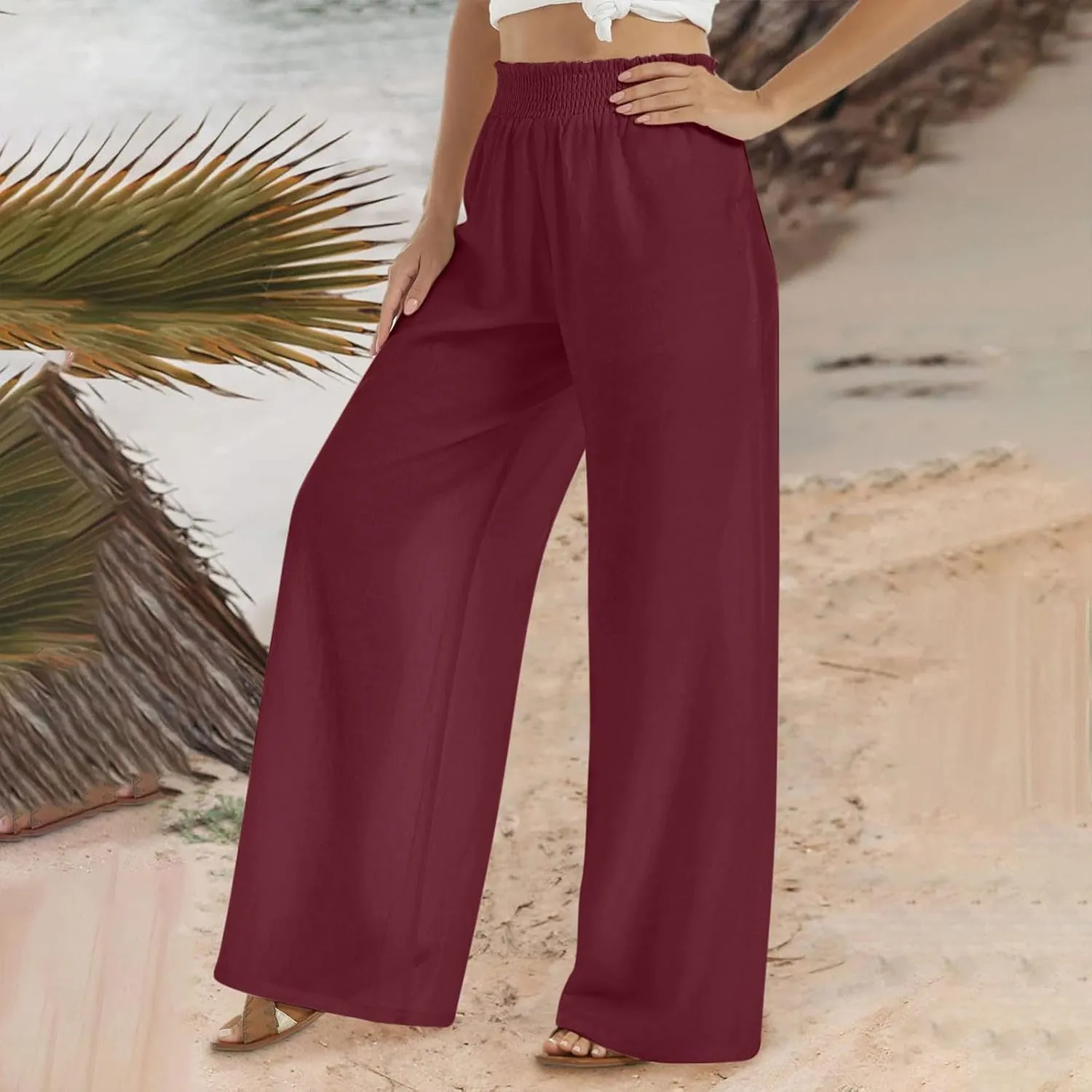 LRMQS Linen Wide Leg Pants Women Summer Casual Drawstring Elastic High Waist Trousers Resort Wear Beach Trendy Palazzo Pant
