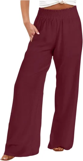 LRMQS Linen Wide Leg Pants Women Summer Casual Drawstring Elastic High Waist Trousers Resort Wear Beach Trendy Palazzo Pant