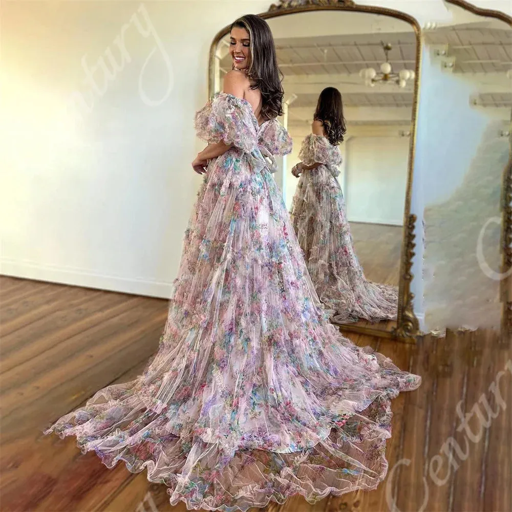 LVSANW A Line Prom Dresses Short Puff Sleeves Off Shoulder Evening Gowns For Pregnant Woman Flower Formal Party Dress платье женское