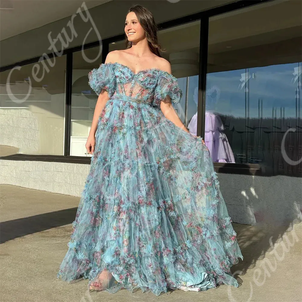 LVSANW A Line Prom Dresses Short Puff Sleeves Off Shoulder Evening Gowns For Pregnant Woman Flower Formal Party Dress платье женское