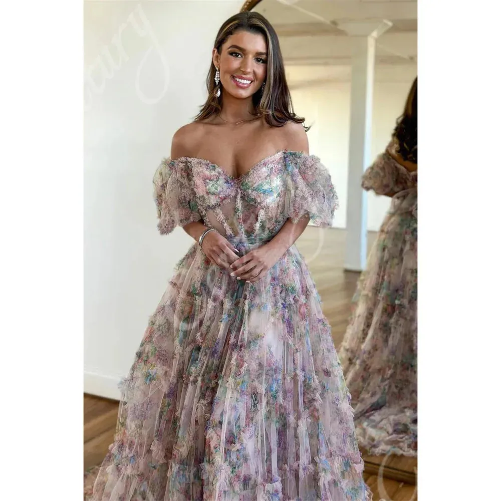 LVSANW A Line Prom Dresses Short Puff Sleeves Off Shoulder Evening Gowns For Pregnant Woman Flower Formal Party Dress платье женское