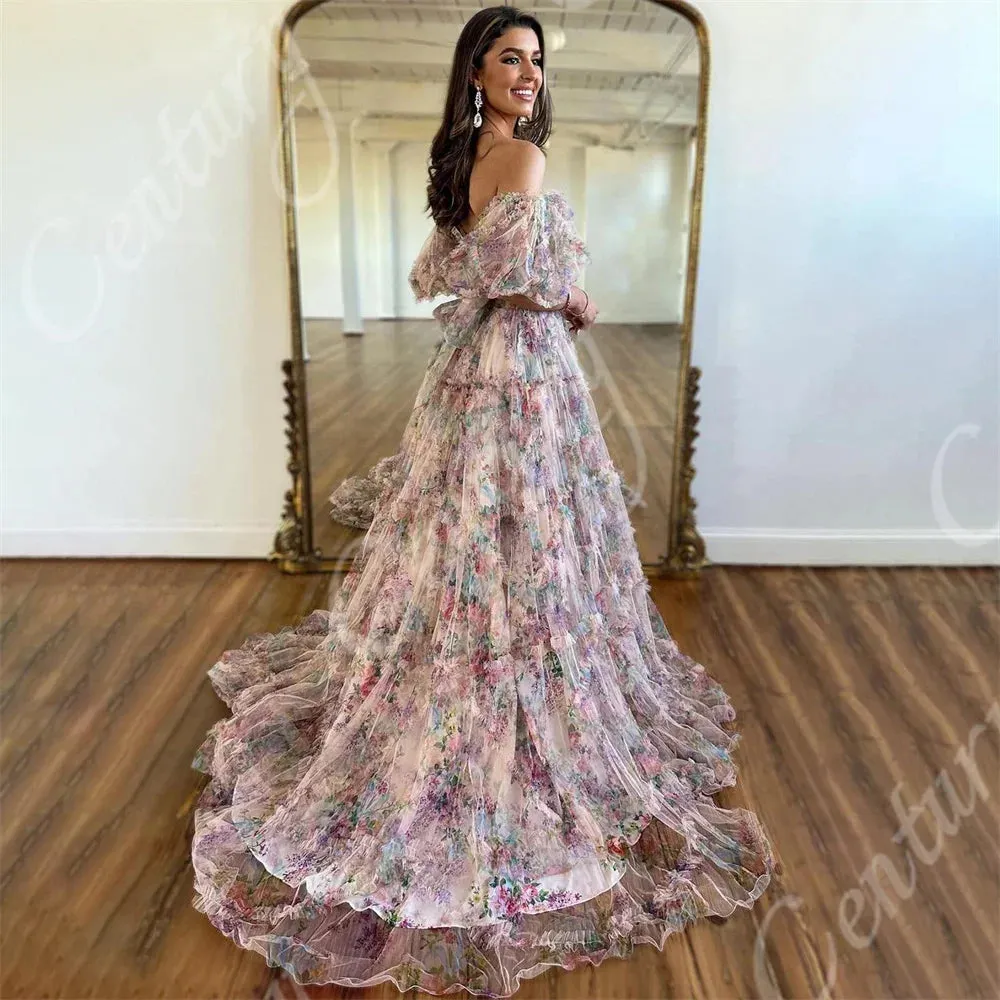 LVSANW A Line Prom Dresses Short Puff Sleeves Off Shoulder Evening Gowns For Pregnant Woman Flower Formal Party Dress платье женское