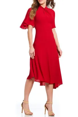 Maggy London Salsa Red Twist Mock Neck Short Flutter Sleeve Midi Dress
