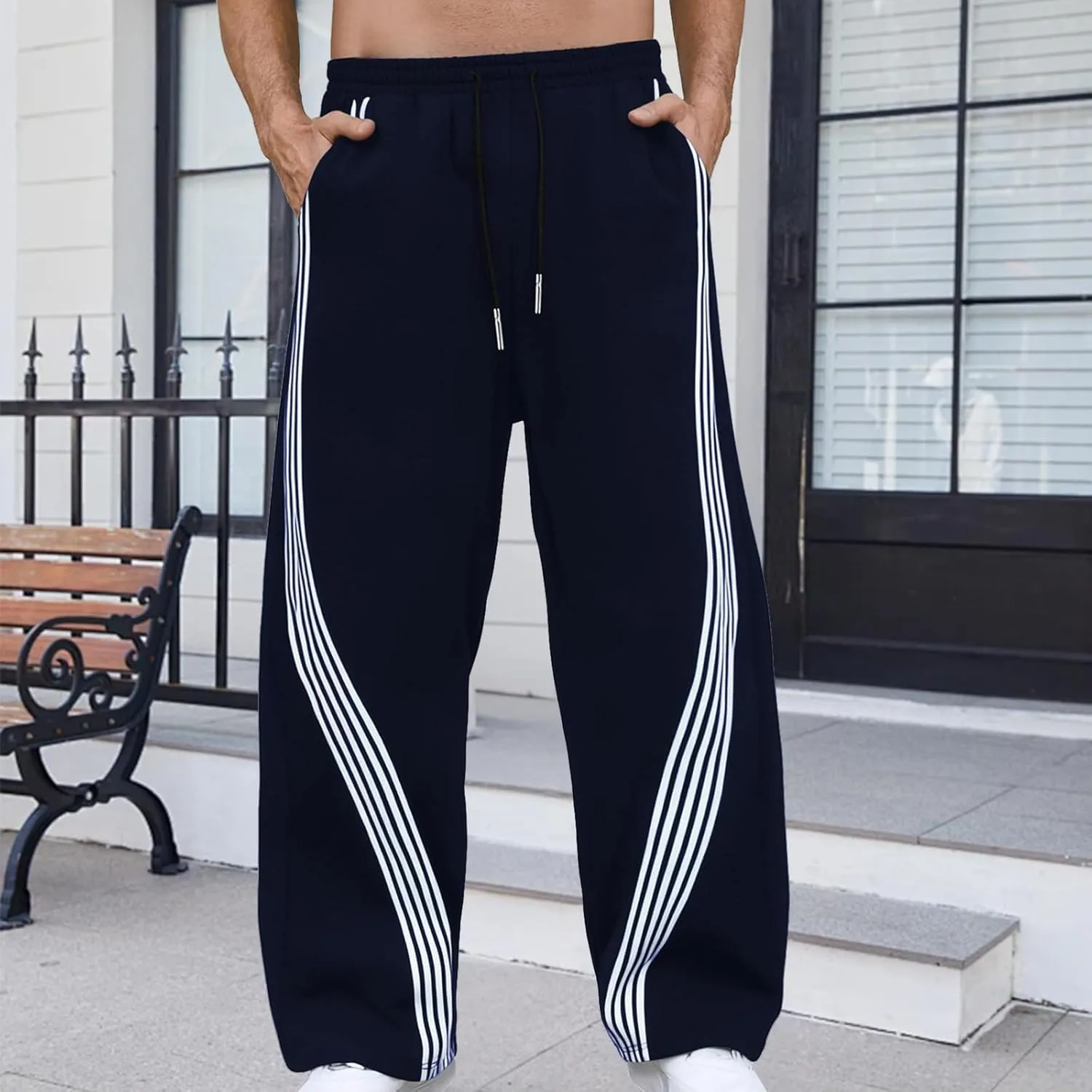 Men's Baggy Sweatpants Striped Side Drawstring Waist Track Pants Open Bottom Wide Leg Lounge Trousers Streetwear
