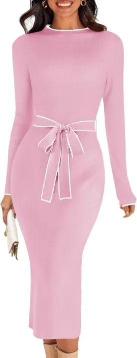 MEROKEETY Women's 2025 Long Sleeve Midi Sweater Dress Fall Mock Neck Color Block Tie Waist Bodycon Knit Dress