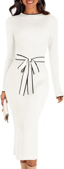 MEROKEETY Women's 2025 Long Sleeve Midi Sweater Dress Fall Mock Neck Color Block Tie Waist Bodycon Knit Dress