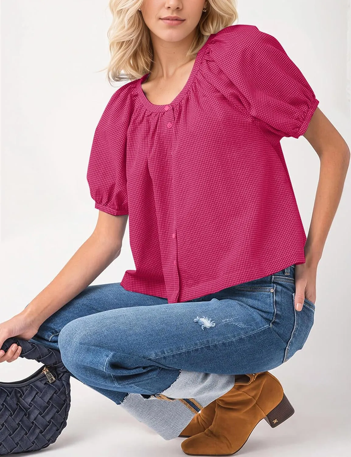 MISSACTIVER Plaid Puff Short Sleeve Shirts Women Button Down Crew Neck Babydoll Tops Summer Flowy Gingham Peplum Blouse