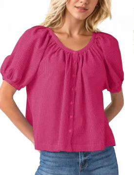 MISSACTIVER Plaid Puff Short Sleeve Shirts Women Button Down Crew Neck Babydoll Tops Summer Flowy Gingham Peplum Blouse