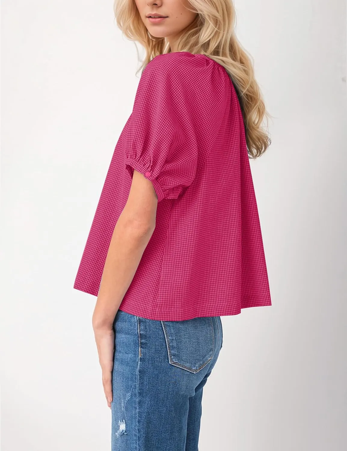 MISSACTIVER Plaid Puff Short Sleeve Shirts Women Button Down Crew Neck Babydoll Tops Summer Flowy Gingham Peplum Blouse