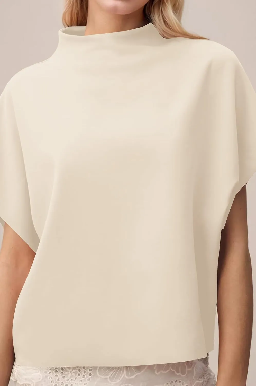 MISSACTIVER Womens Casual Mock Neck Batwing Tee Top Short Sleeve Drop Shoulder Solid Color Baggy Tshirt Summer Outfits