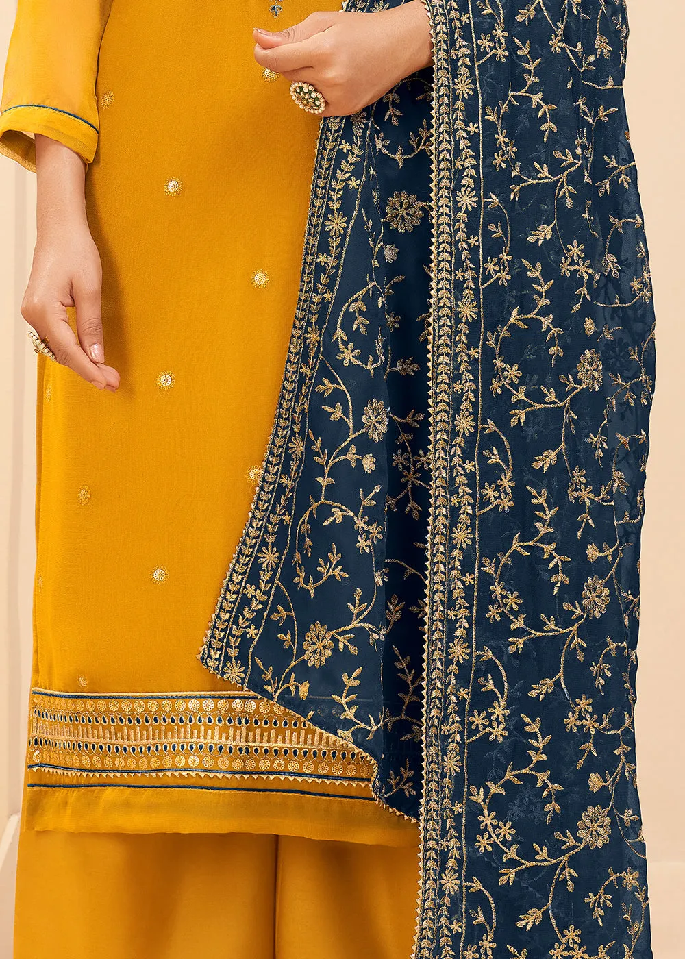 Multi Thread Rich Yellow Georgette Party Wear Salwar Kameez