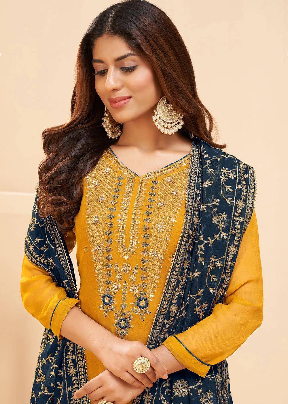 Multi Thread Rich Yellow Georgette Party Wear Salwar Kameez