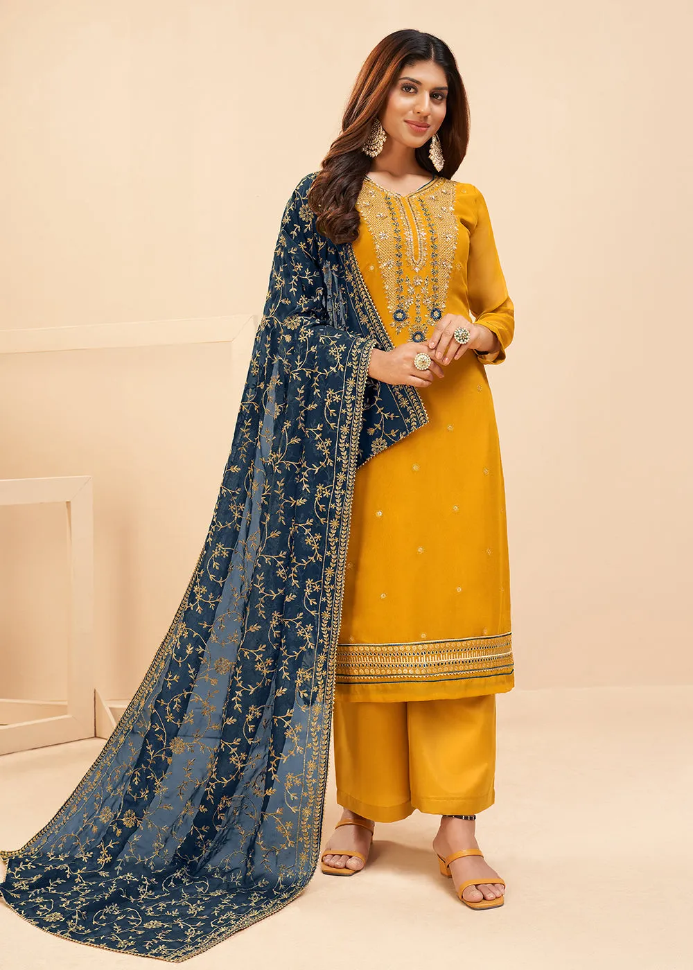 Multi Thread Rich Yellow Georgette Party Wear Salwar Kameez