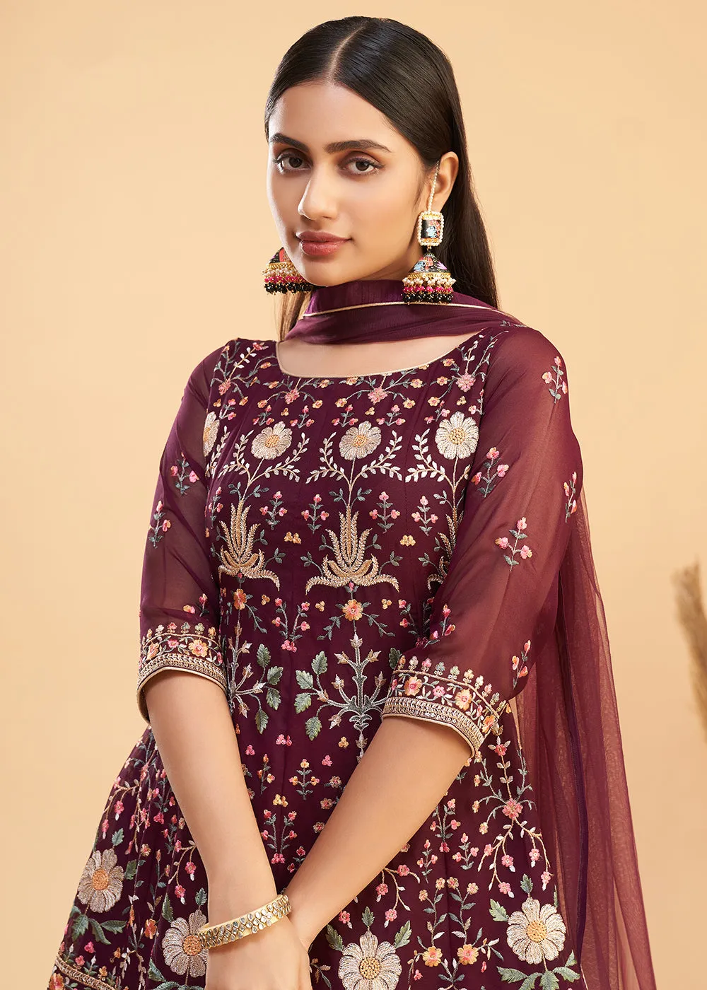 Multi Thread Wine Flared Style Pant Salwar Suit