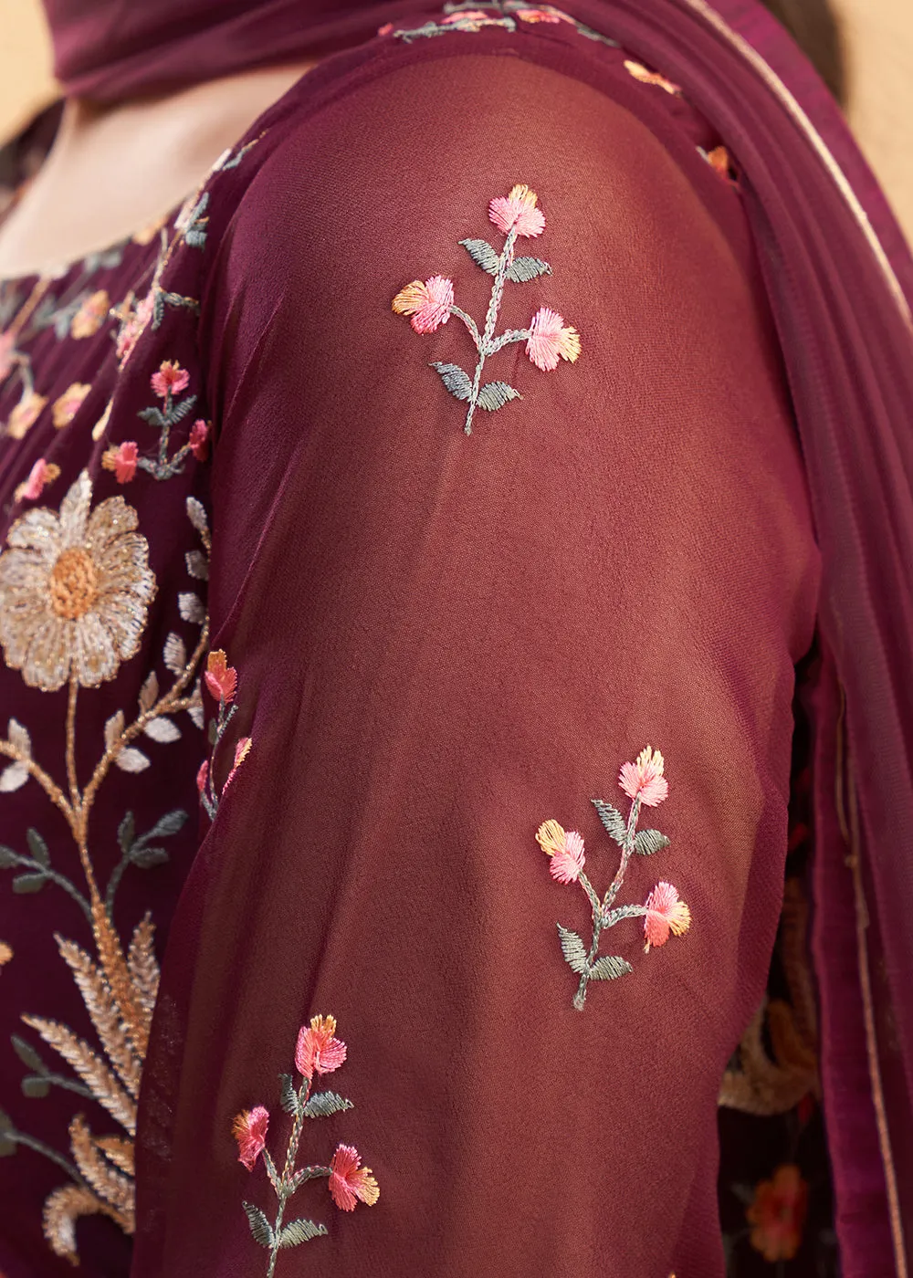 Multi Thread Wine Flared Style Pant Salwar Suit