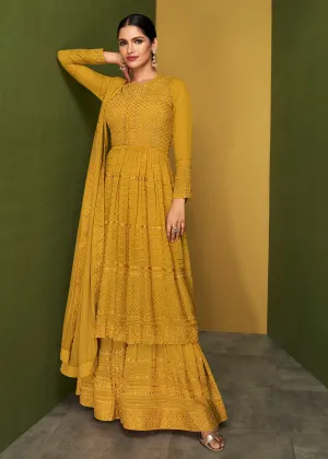 Mustard Yellow Anarkali Style Designer Palazzo Salwar Suit