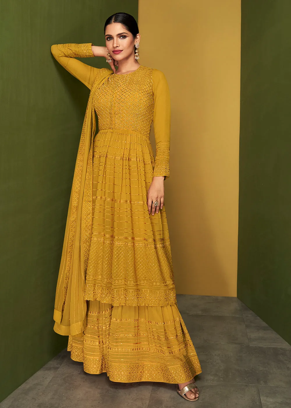 Mustard Yellow Anarkali Style Designer Palazzo Salwar Suit