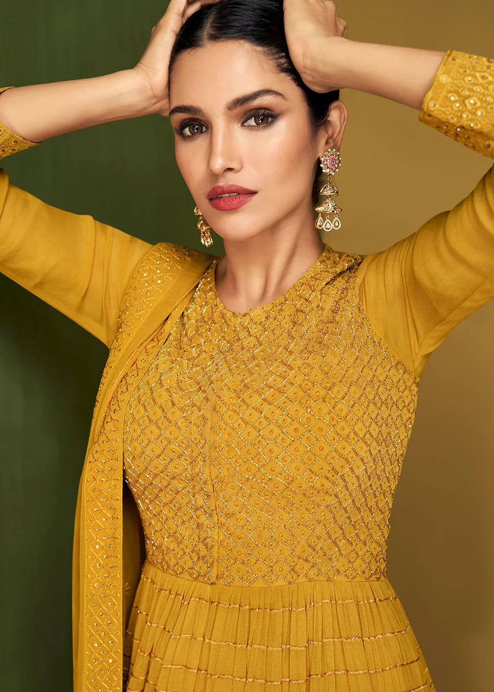 Mustard Yellow Anarkali Style Designer Palazzo Salwar Suit