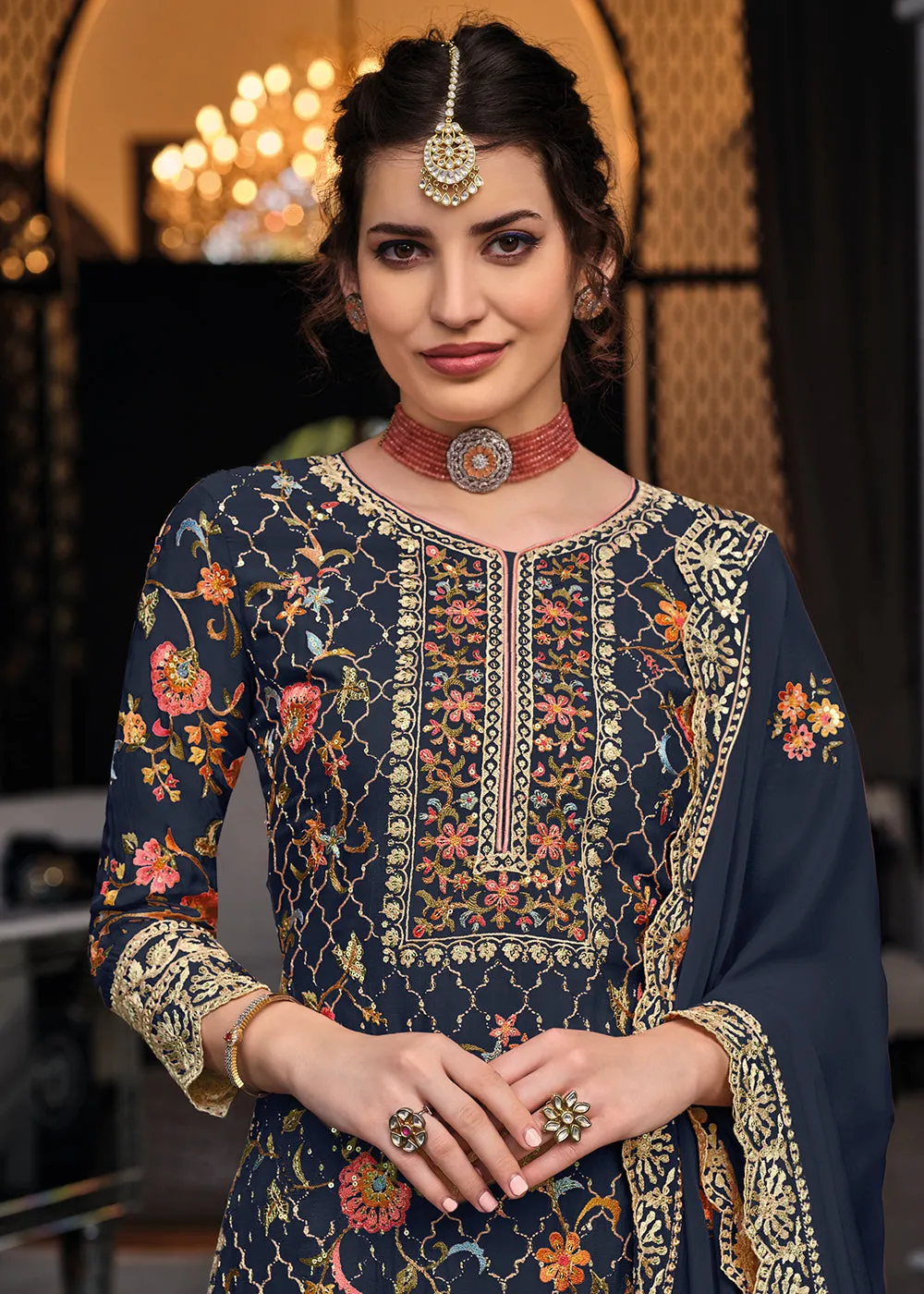 Navy Blue Chinon & Georgette Designer Palazzo Salwar Suit