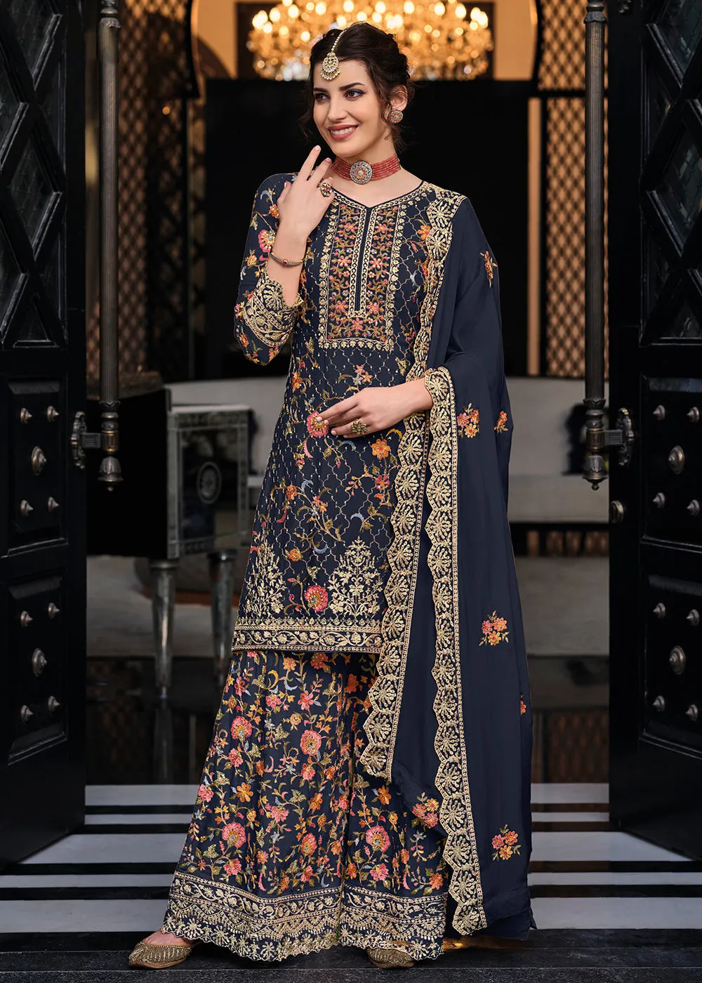 Navy Blue Chinon & Georgette Designer Palazzo Salwar Suit