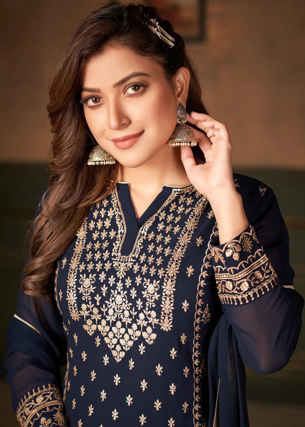 Navy Blue Pakistani Sharara Style Georgette Embroidered Suit