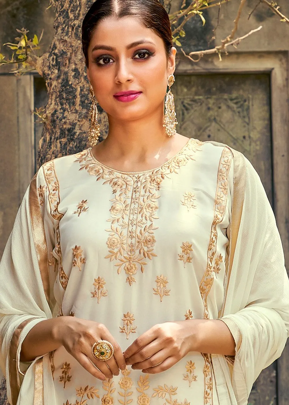 Off White Designer Georgette Palazzo Suit
