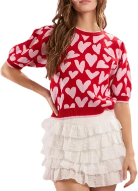 Pink Heart Graphic Sweaters for Women Short Puff Sleeve Vest Top Sweatshirt Holiday Colorful Heart Knit Tank Shirts