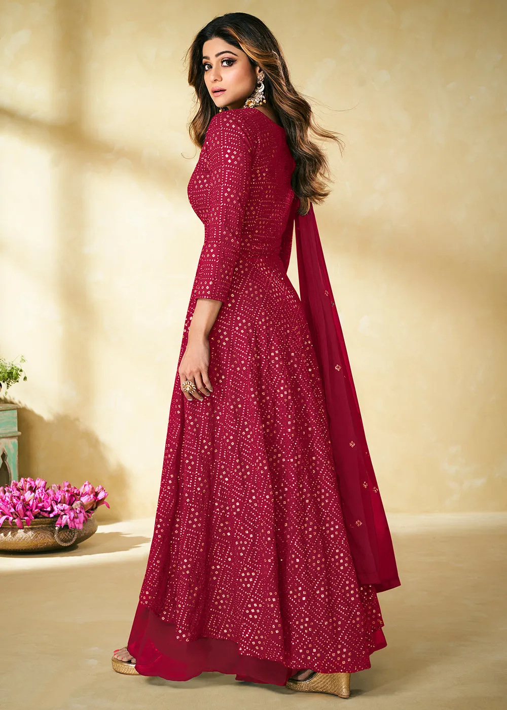 Pink Indian Designer Embroidered Palazzo Suit