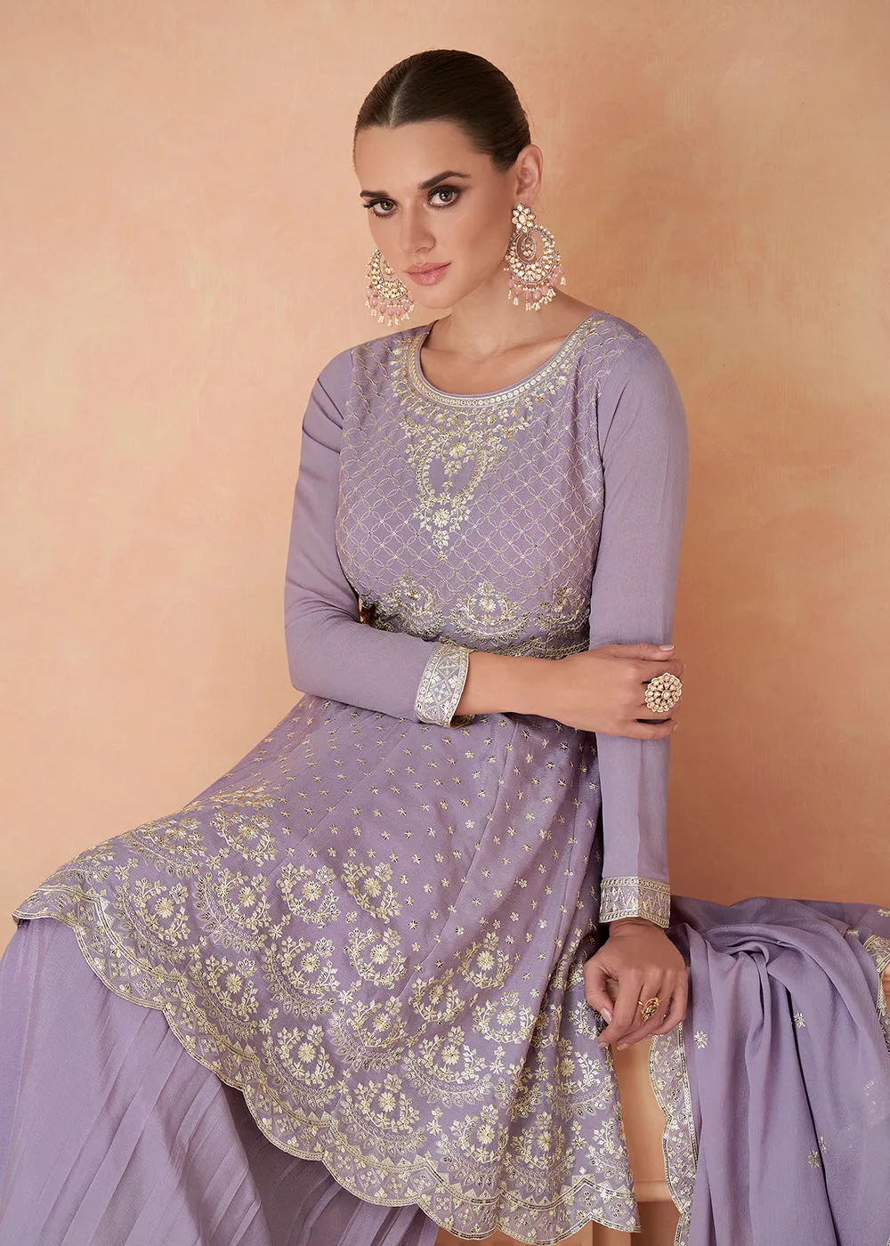 Premium Chinnon Lavender Embroidered Wedding Palazzo Suit