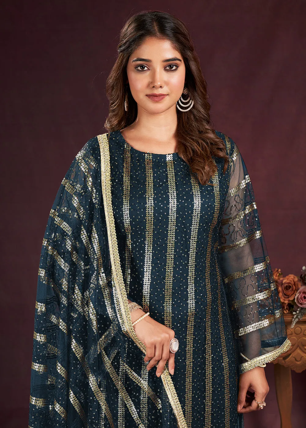 Prussian Blue Butterfly Net Embroidered Festive Salwar Suit
