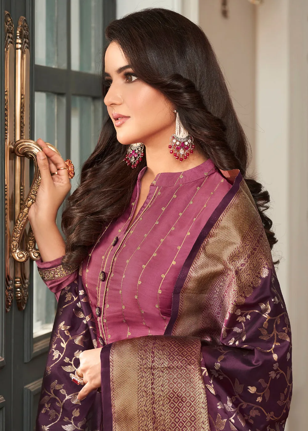 Purple Traditional Silk Embroidered Palazzo Salwar Suit