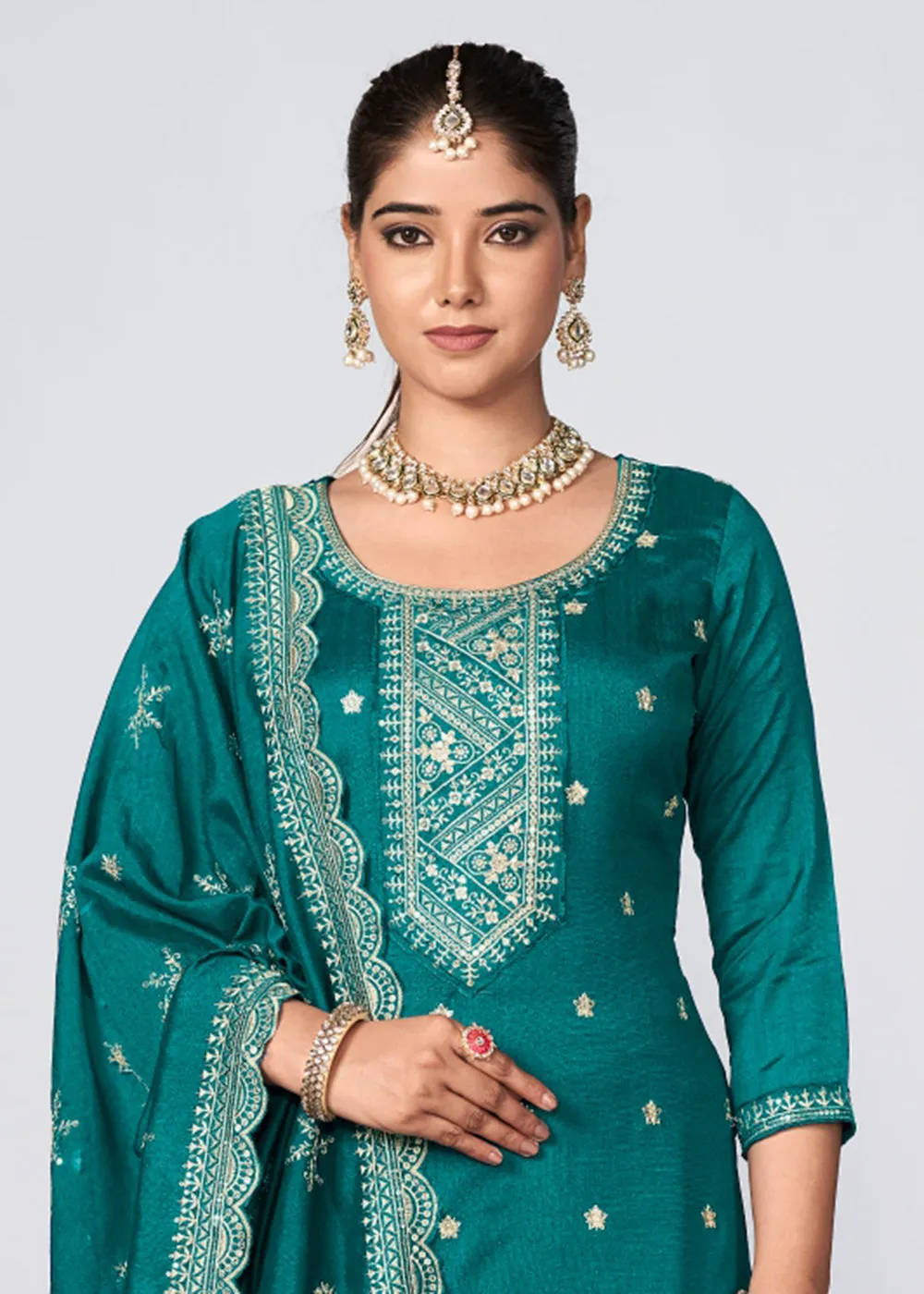Rama Vichitra Silk Embroidered Wedding Festive Palazzo Suit