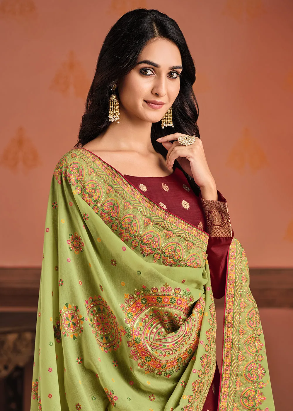 Red & Green Silk Jacquard Sangeet Wear Pant Style Suit