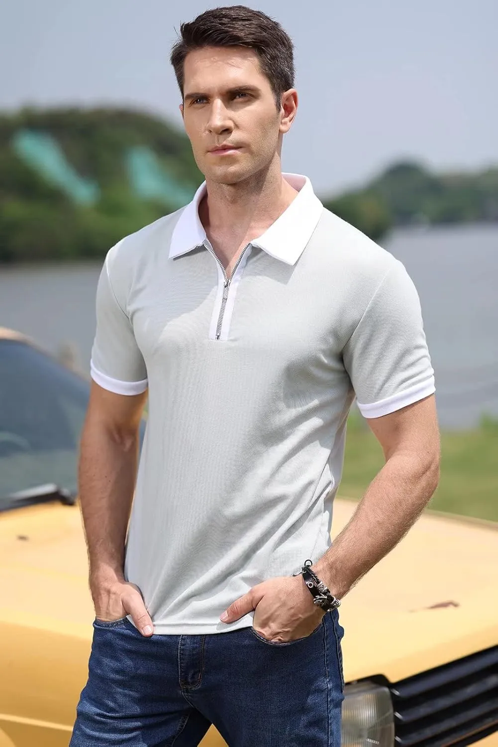 Rela Bota Men's Short Sleeve Polo Shirts Fashion Zipper Polos Casual Slim Fit T-Shirt