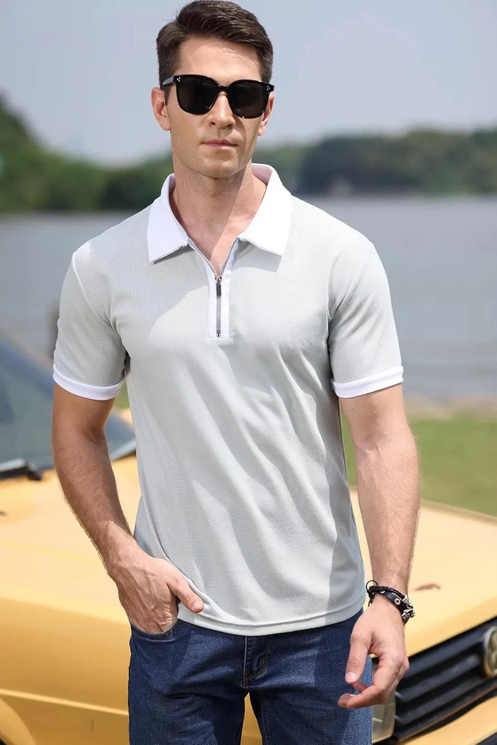 Rela Bota Men's Short Sleeve Polo Shirts Fashion Zipper Polos Casual Slim Fit T-Shirt
