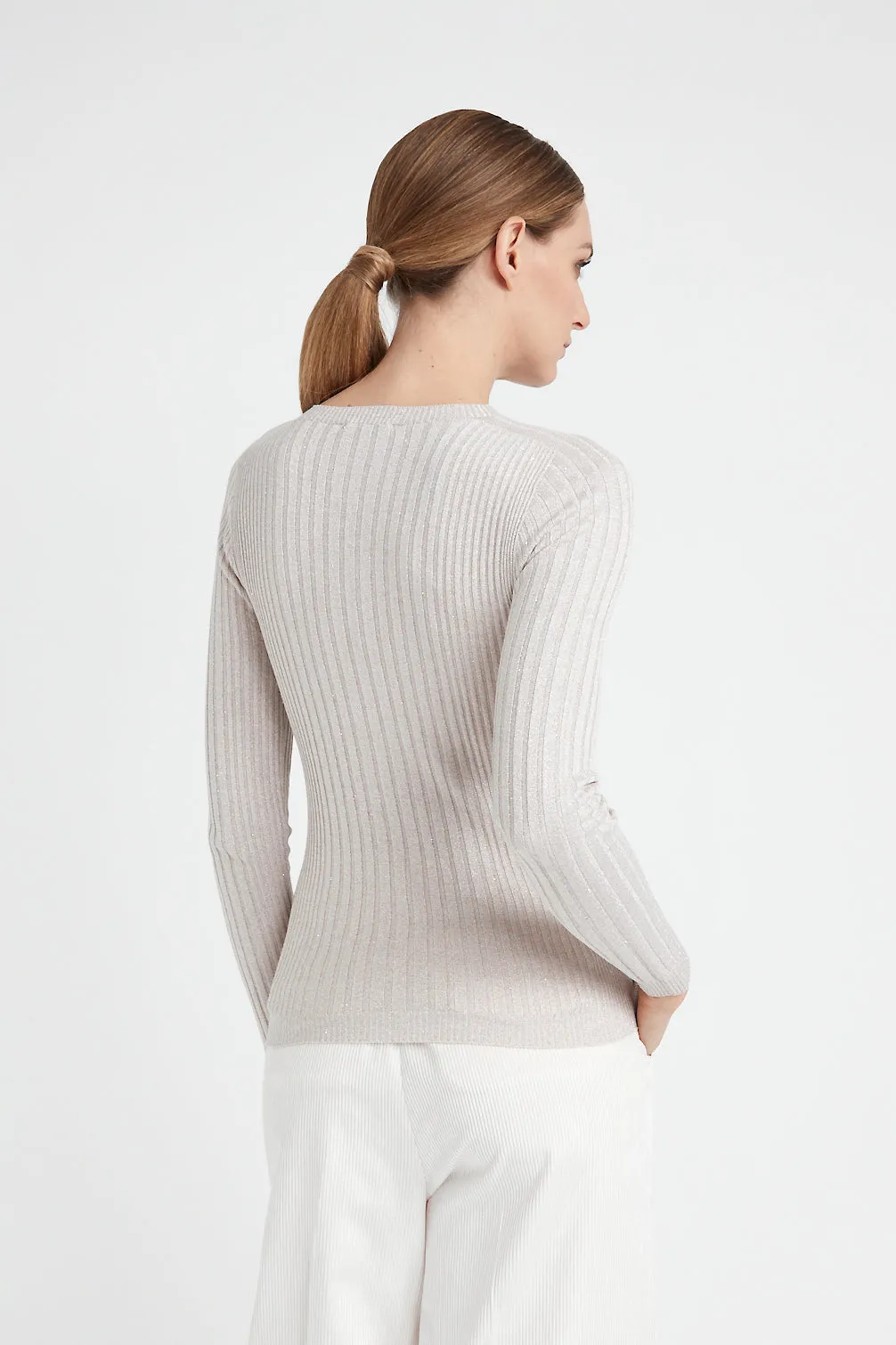 Ribbed high neck sweater in viscose yarn and Lurex