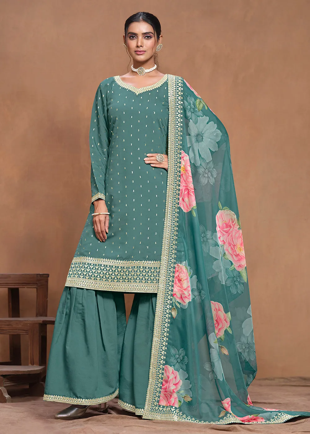 Roman Silk Teal Embroidered Festive Gharara Suit