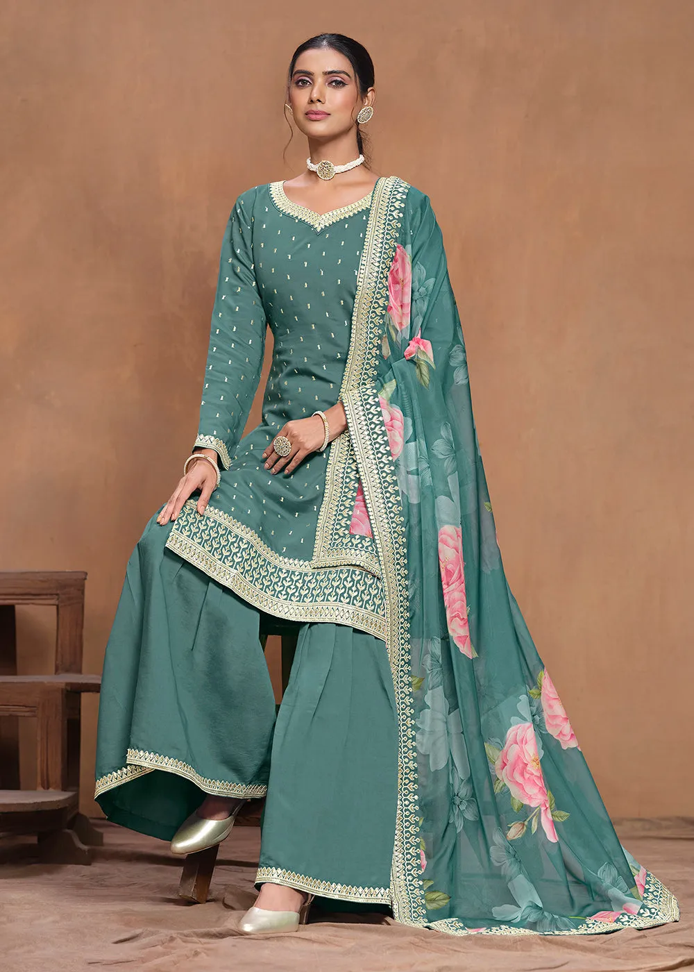 Roman Silk Teal Embroidered Festive Gharara Suit