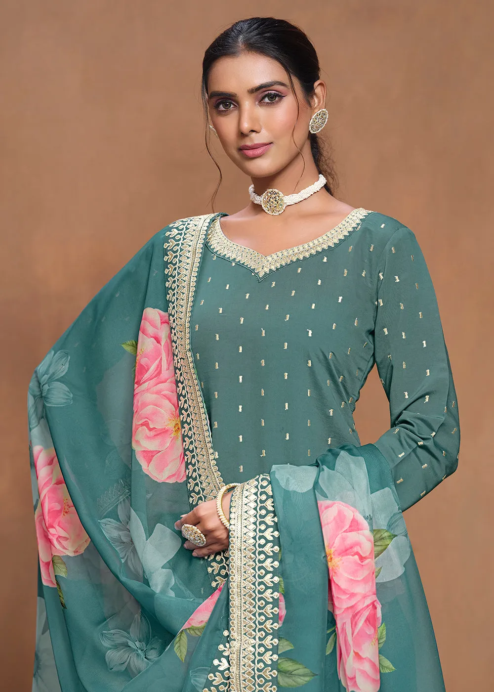 Roman Silk Teal Embroidered Festive Gharara Suit