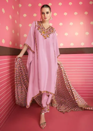 Rose Pink Silk Satin Kaftan Style Chinon Pant Style Suit