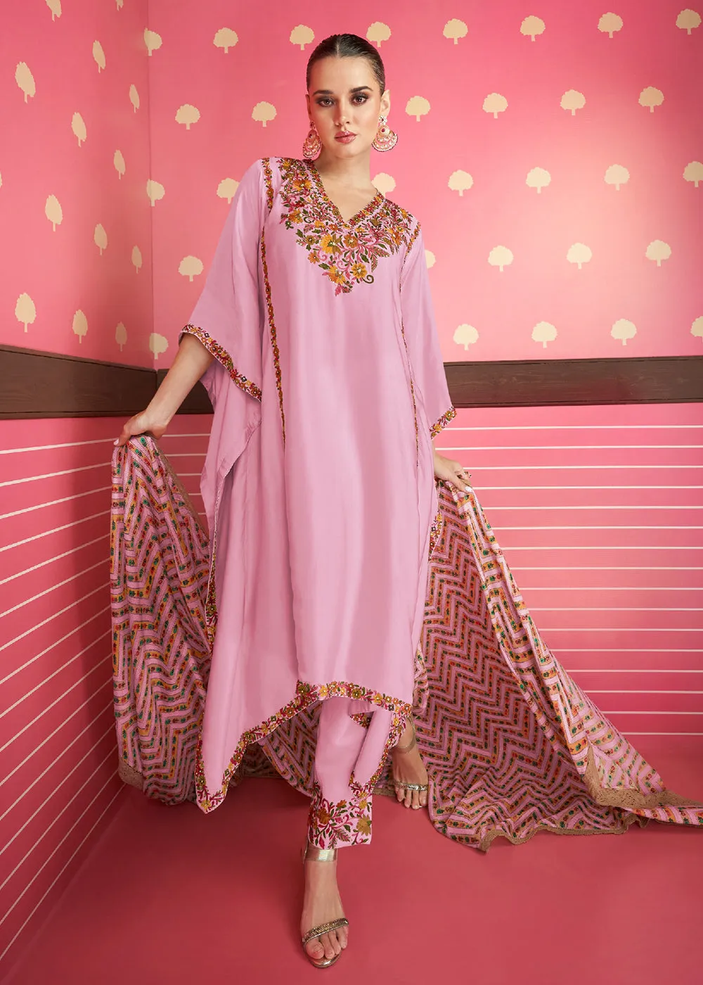 Rose Pink Silk Satin Kaftan Style Chinon Pant Style Suit